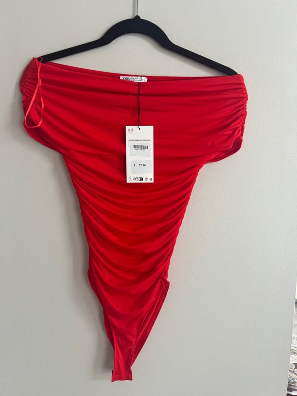 NWT | Zara Bright Red Ruched Off-Shoulder Bodysuit, Size S